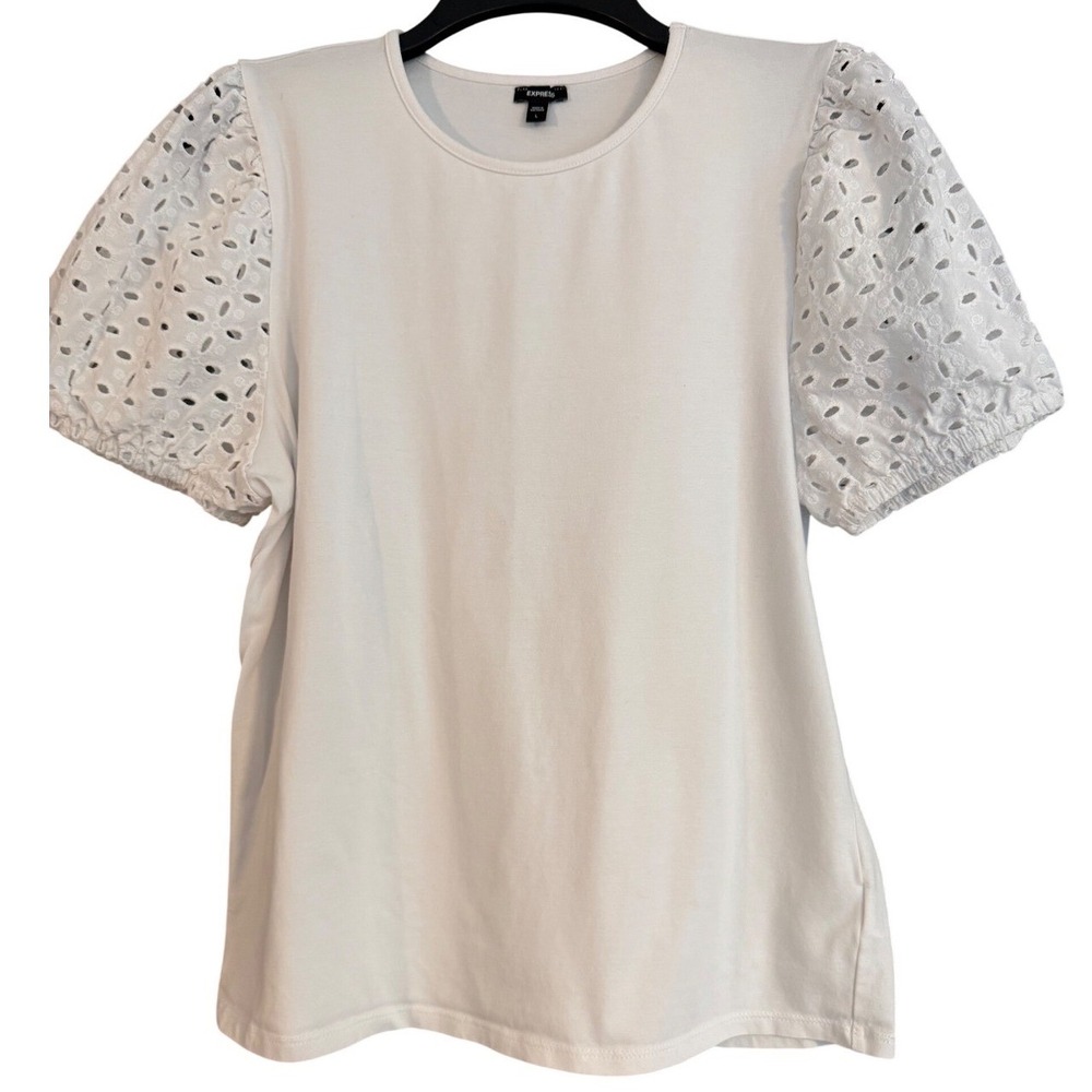 Express Eyelet Puff Sleeve Top Womens L White Excellent Crew Neck Knit Blouse
